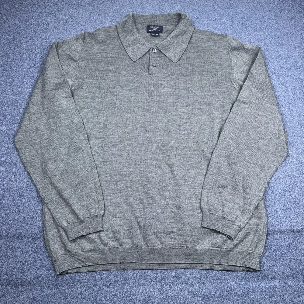 Brooks Sweater Mens Large Gray Italian Merino Wool Collared Knit Pullover 346